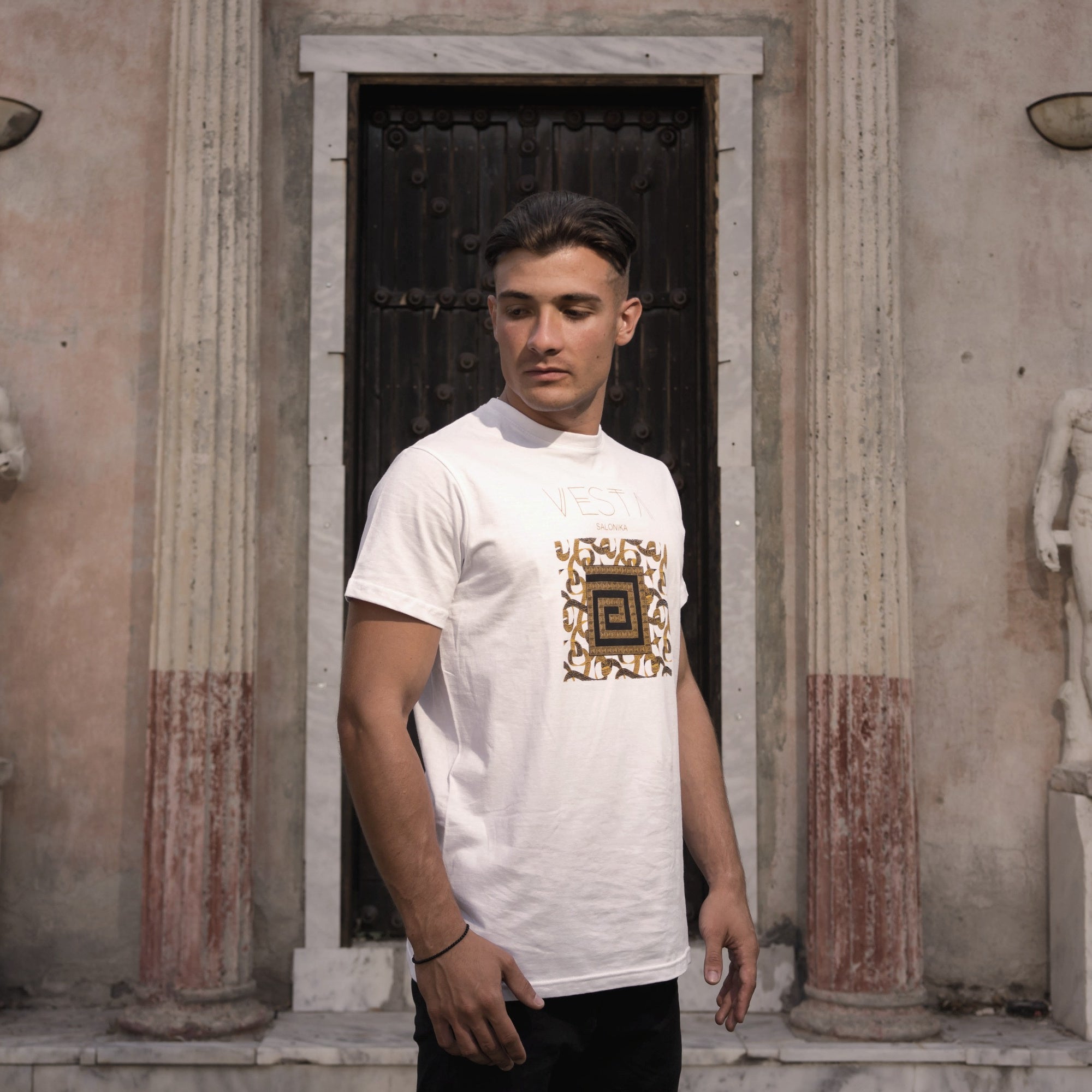Campani Men´s White T-Shirt – Greek Key Design VESTA SALONIKA