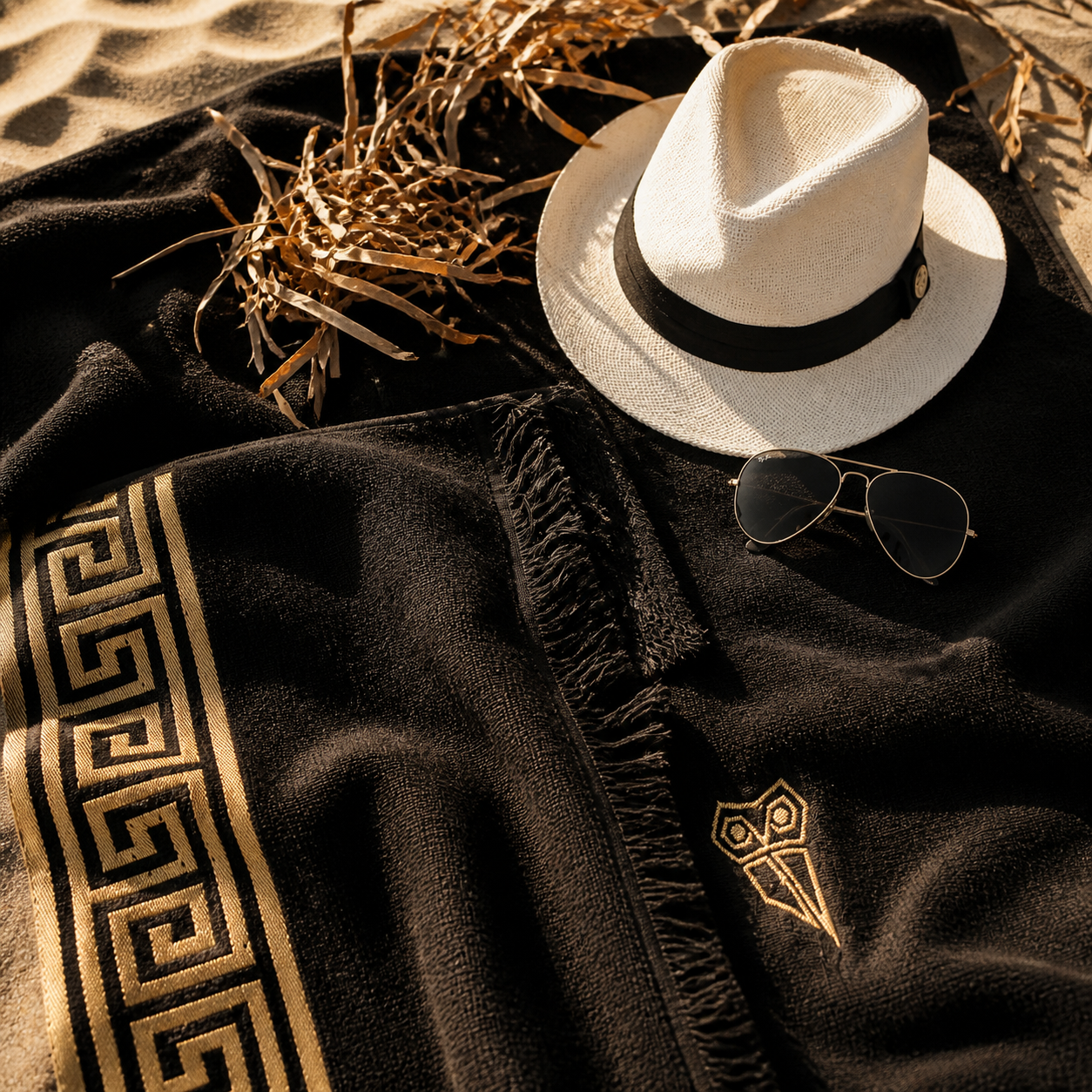 Campani Black Oversized Terry Towel – Gold Greek Key Pattern VESTA SALONIKA