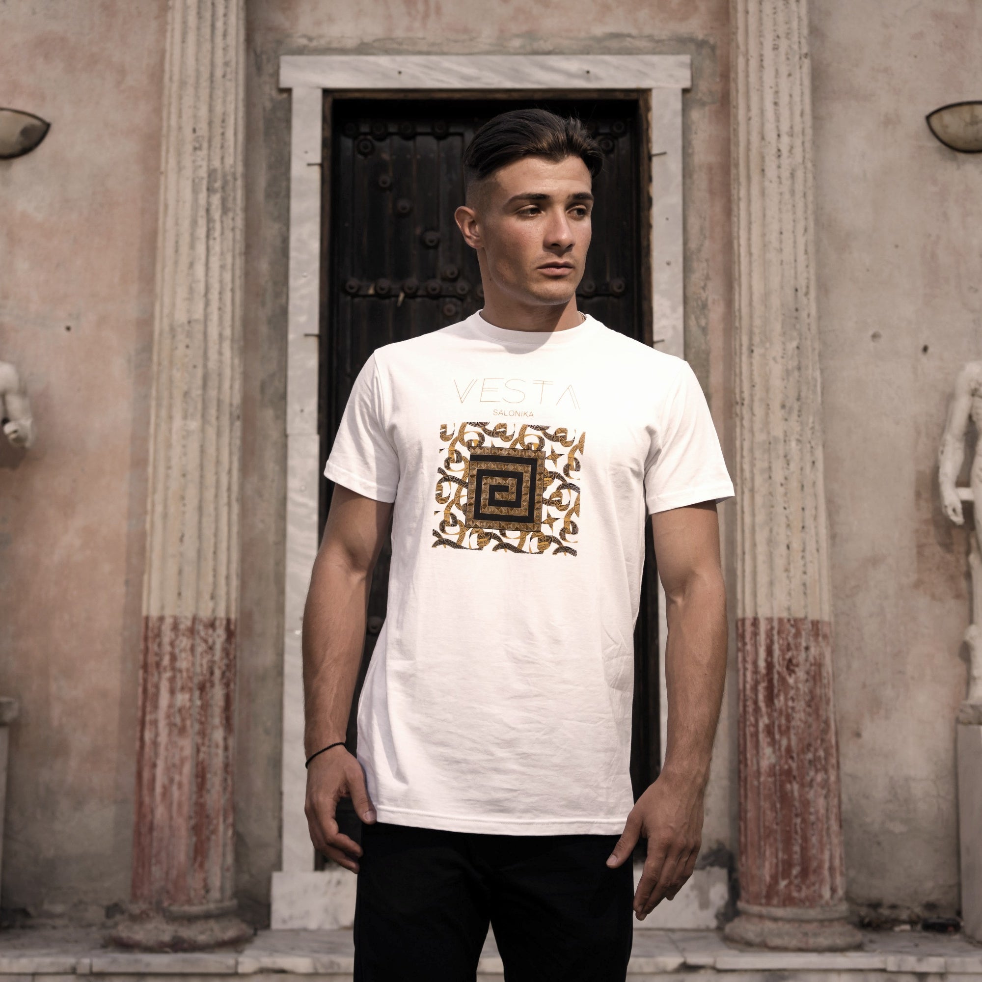 Campani Men´s White T-Shirt – Greek Key Design VESTA SALONIKA