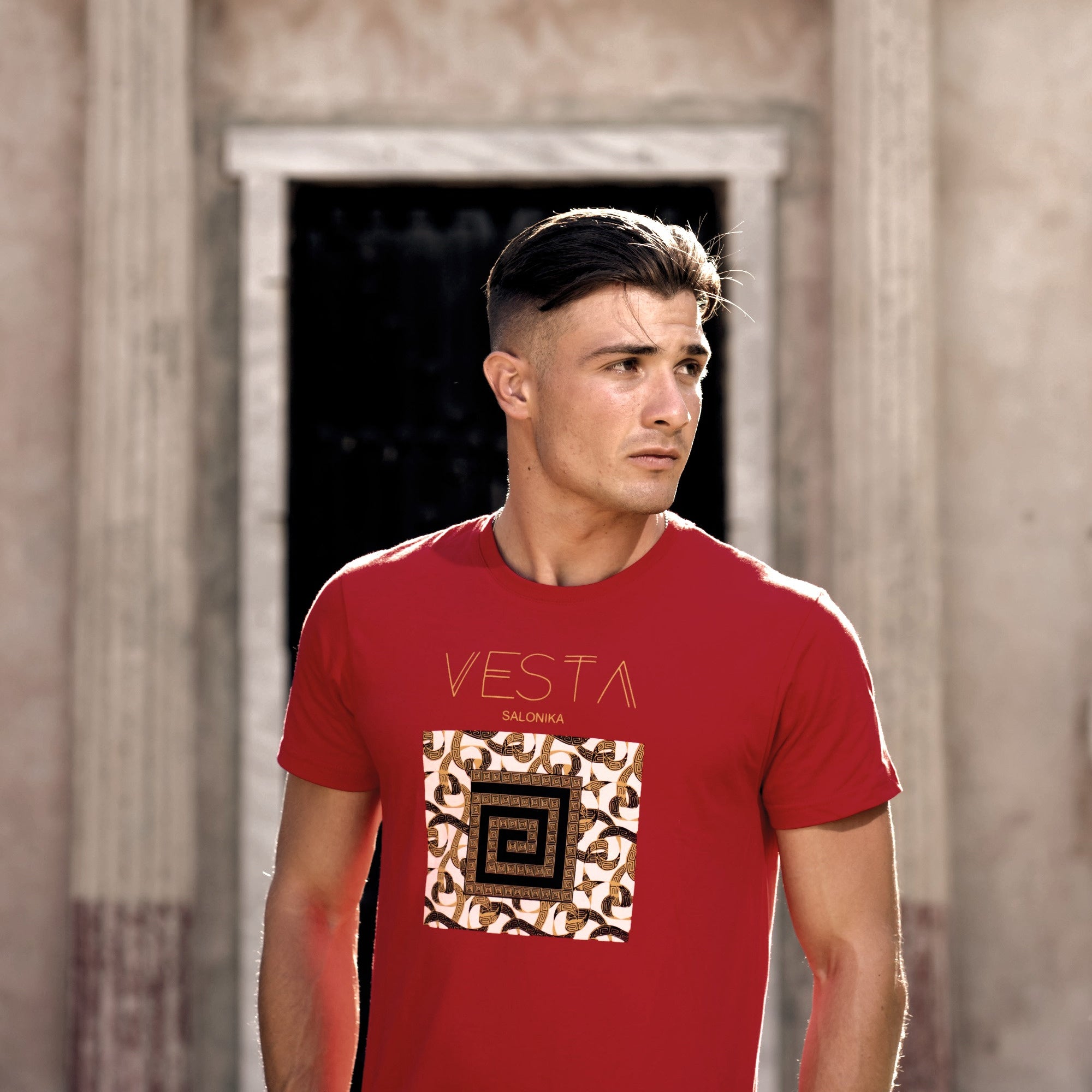 Campani Men´s White T-Shirt – Greek Key Design VESTA SALONIKA