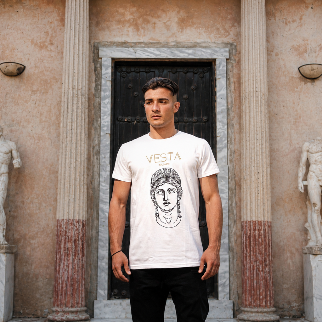 Men’s White T-Shirt – Fazzia of Hera VESTA SALONIKA